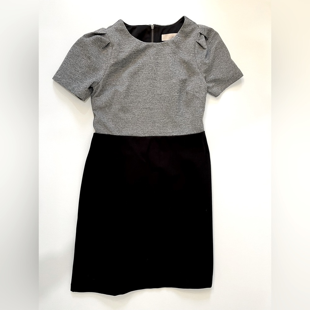 Grey & black Loft stretch dress with pleated shoulders.